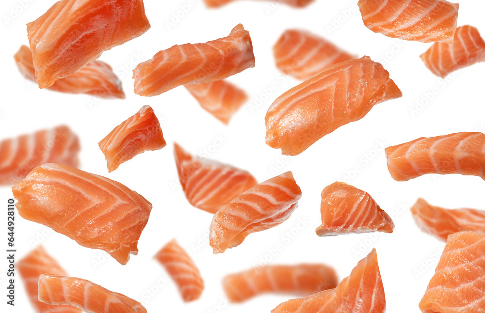Levitation of raw red fish. background of salmon, trout Levitation of raw red fish. background of salmon, trout