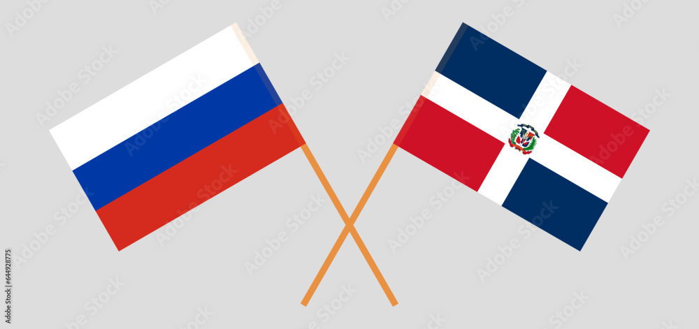 Crossed flags of Russia and Dominican Republic. Official colors. Correct proportion