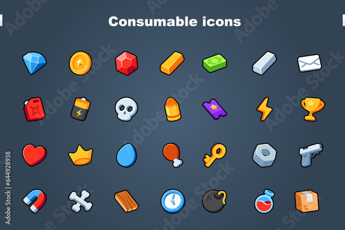 Consumable icon icons set. Isolated vector illustration of mobile game sprites. Design for stickers, logo, mobile app. Arcade or match 3 2d graphics game asset. Flat 3d item sprites sheet.
