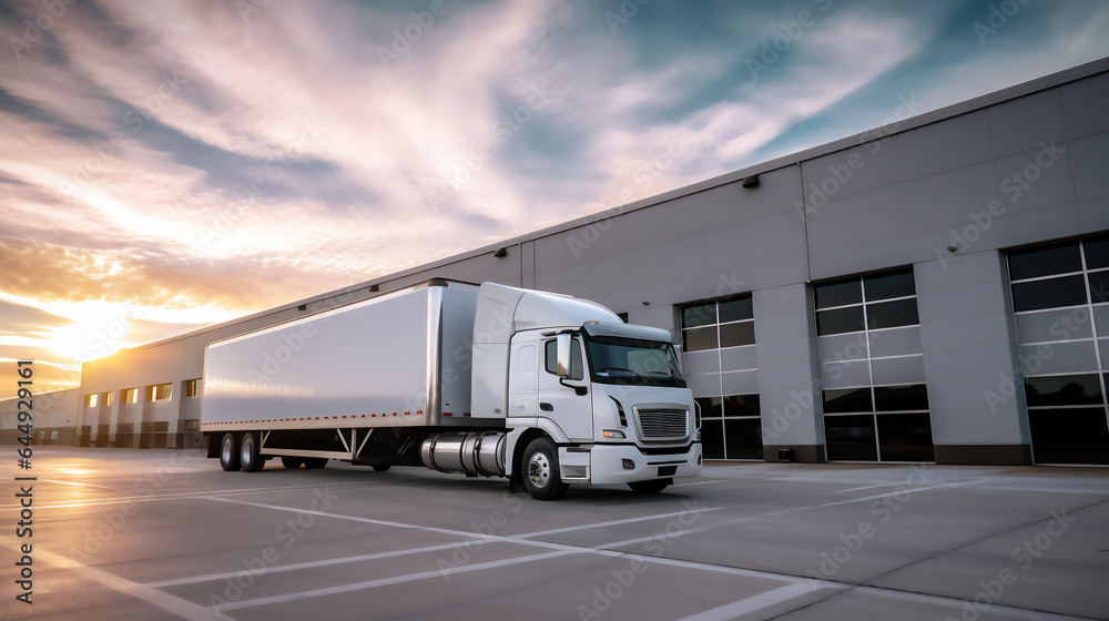 Truck parked in front of a Logistics Industry Warehouse. Ai generative. Truck parked in front of a Logistics Industry Warehouse. Ai generative.