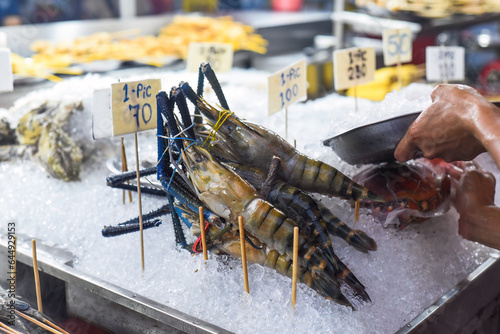 Photography Raw shrimps in ice in the Jalan Alor street food in Kuala Lumpur