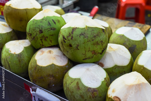 Photography Many fresh coconuts in the stall of Kuala Lumpur market