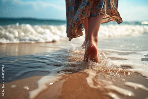 The bare feet of a young woman tread on the beach