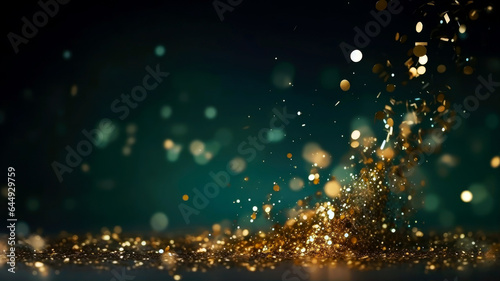 Abstract green and gold shiny Christmas background with glitter and confetti. Holiday bright emerald blurred backdrop with golden particles and bokeh.