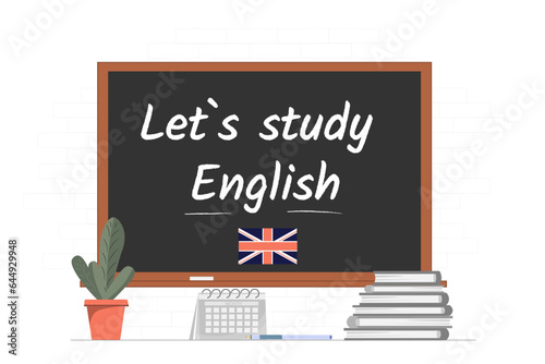 Banner with Let`s study English phrase written on the chalkboard, education concept, English language courses concept, vector illustration