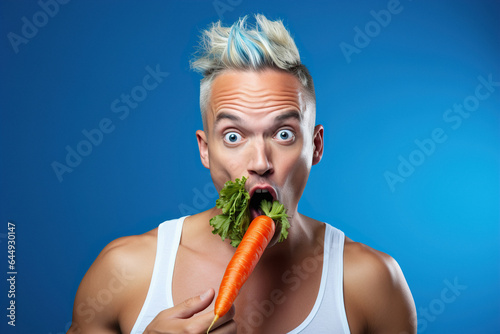 Beauty portrait of smiling hipster maneating carrot. Healthy food concept photo