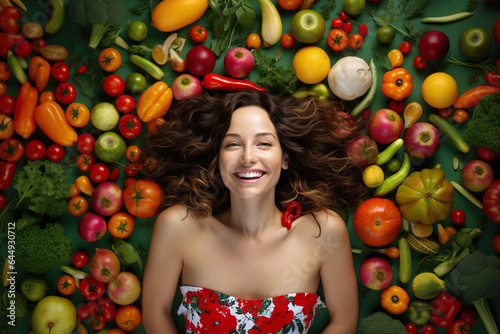 Beauty portrait of a sports woman surrounded by various healthy food lying on the floor.