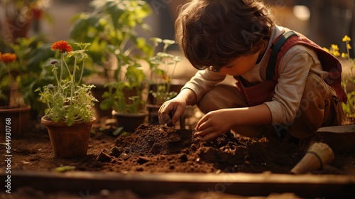 Young boy learning how to garden and grow produce