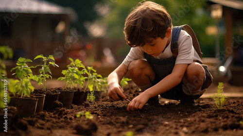 Young boy learning how to garden and grow produce