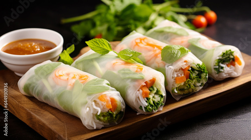 Fresh Spring Rolls, Stuffed with tofu, veggies, fresh herbs and various sauces. Asian or vegetarian food. Generative AI content.