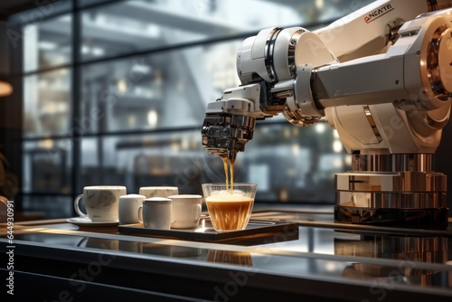 Robot arms preparing coffee in restaurant. Created with Generative AI.