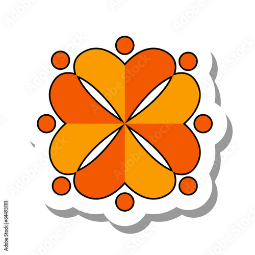 Asian or Indian mandala symbol flat paper sticker. Mystical religious sign in shape of fiery orange flower isolated on white background. Objects of cult worship, culture, tradition concept