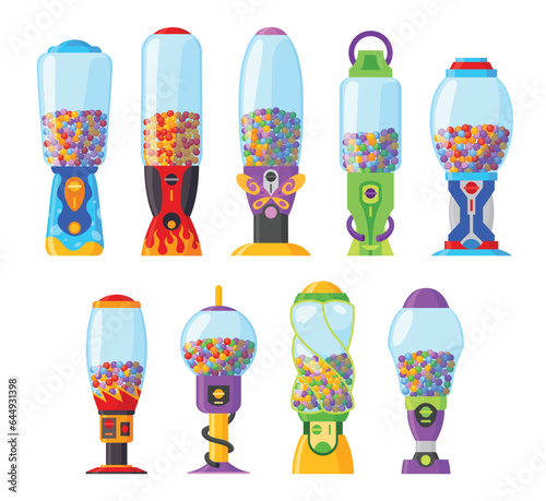 Gumball machine, icons set. Transparent round glass candy dispenser with colorful bubble gum. Vending machine. Container sweets balls penny coin. Vector illustration isolated on white