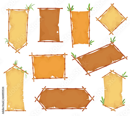 Bamboo frames parchment icons. Wooden tropical stick border. Signboard cartoon or blank papyrus banners. Vector illustration isolated on white background