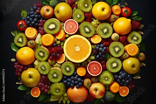 Fresh fruits arranged in a circle on dark background