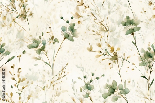 Seamless minimalistic watercolor pattern: wildflowers and herbs. AI generated