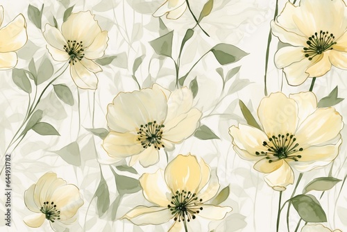 Seamless minimalistic watercolor pattern  wildflowers and herbs. AI generated