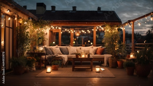 View over cozy outdoor terrace with outdoor string