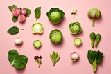 Green vegetables arranged in a square on pastel pink background