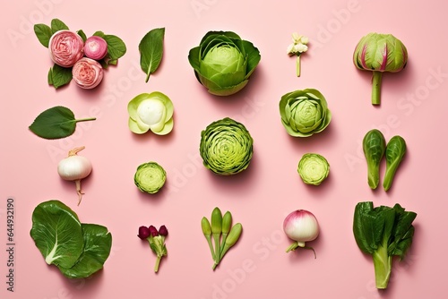 Green vegetables arranged in a square on pastel pink background