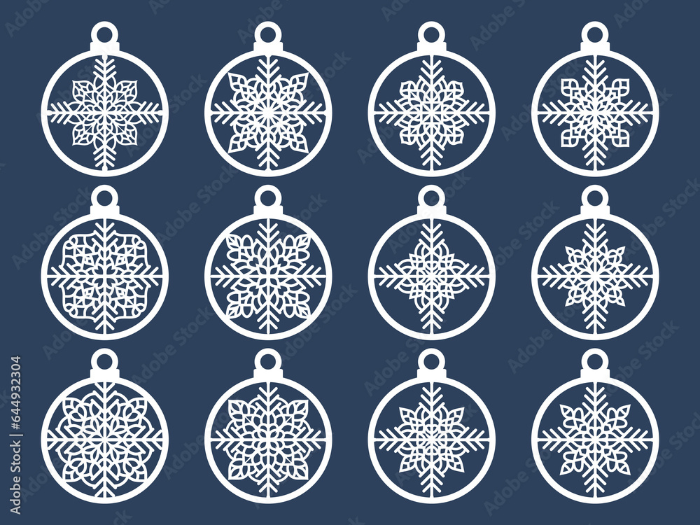 Set of laser cut Christmas balls with snowflake cutout of paper Sample Template for Christmas card, invitation for Christmas party For laser or plotter cutting printing ,laser cut christmas ornaments Set of laser cut Christmas balls with snowflake cutout of paper Sample Template for Christmas card, invitation for Christmas party For laser or plotter cutting printing ,laser cut christmas ornaments
