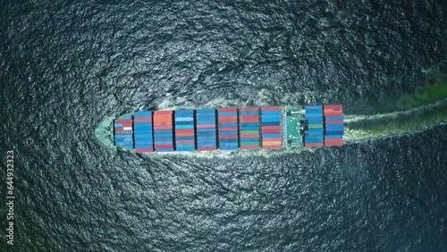 4K resolution high angle view of a container ship sailing at the sea for transportation.