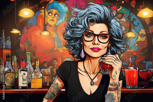 Pop art comic-style portrait of a tattooed older woman, exuding elegance and confidence, set against a vibrant bar backdrop.