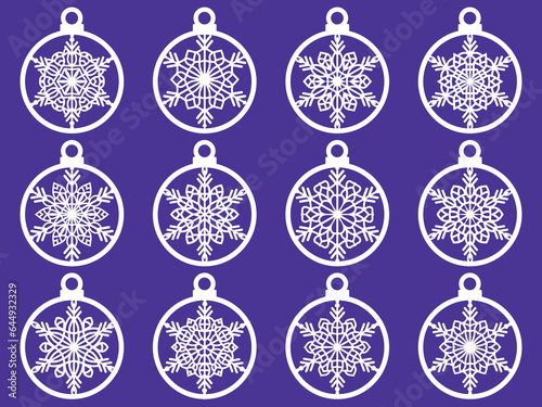 Set of laser cut Christmas balls with snowflake cutout of paper Sample Template for Christmas card  invitation for Christmas party For laser or plotter cutting printing serigraphy
