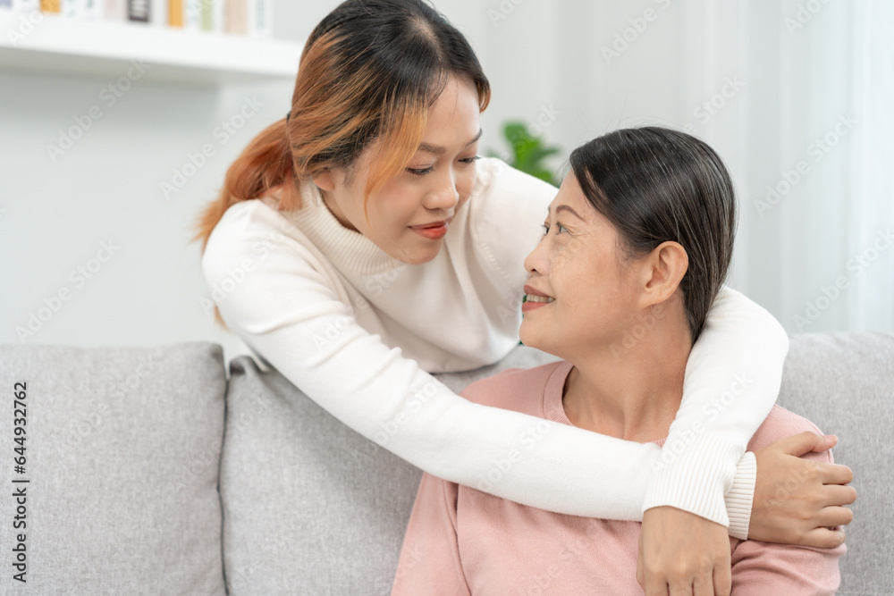 Mother day, cute asian teen girl hugging mature middle age mum. Love, kiss, care, happy smile enjoy family time. celebrate special occasion, happy birthday, merry Christmas. special day Mother day, cute asian teen girl hugging mature middle age mum. Love, kiss, care, happy smile enjoy family time. celebrate special occasion, happy birthday, merry Christmas. special day