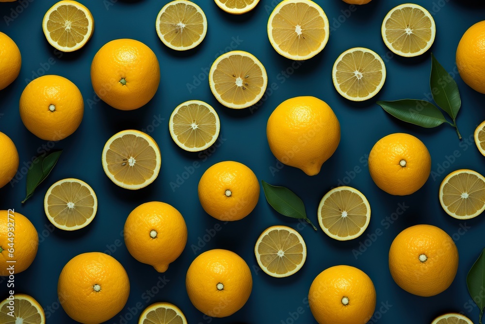 Composition from yellow lemons arranged in a square on dark blue background Composition from yellow lemons arranged in a square on dark blue background