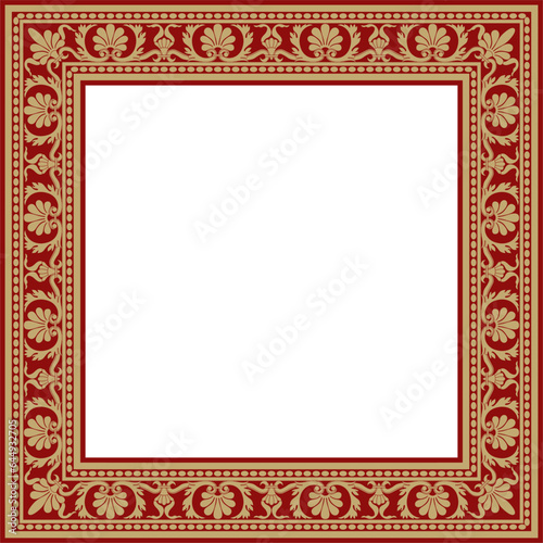 Vector gold and red square classic renaissance ornament. Endless european border, revival style frame..