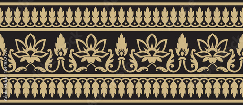 Vector seamless gold and black Indian national ornament. Ethnic endless plant border. Flowers frame. Poppies and leaves..