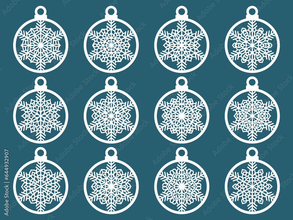 laser cut Christmas balls with snowflake cutout of paper Sample Template for Christmas card, invitation for Christmas party For laser or plotter cutting printing serigraphy laser cut Christmas balls with snowflake cutout of paper Sample Template for Christmas card, invitation for Christmas party For laser or plotter cutting printing serigraphy