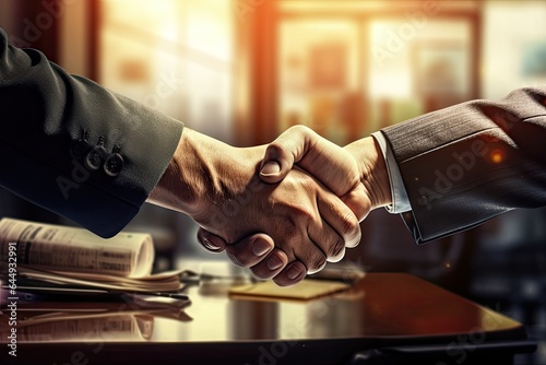 Shaking hands close-up. Shadow business and secret government agreements. Silhouette of two influential men shaking hands in a backdrop of an office in sunset light.