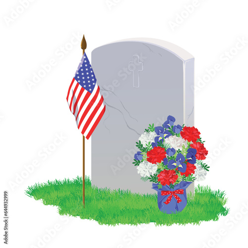 A white marble tombstone on the green grass.A bouquet of white, blue and red flowers. An American flag adorns the grave on Memorial Day. Vector illustration.