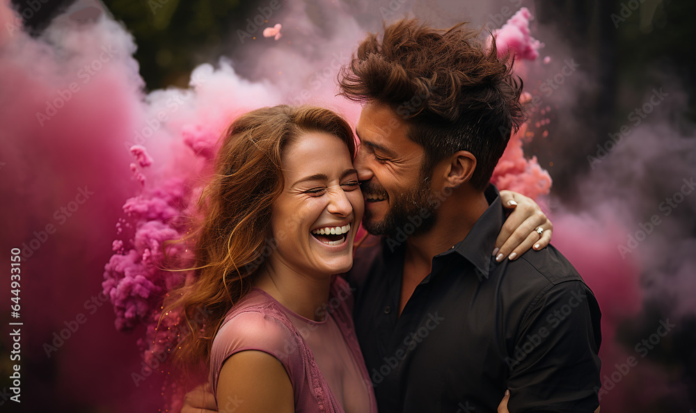Happy couple having a gender reveal party. pink smoke grenade outdoors. It's a girl. Gender reveal party concept. Couple in love - obrazy, fototapety, plakaty 