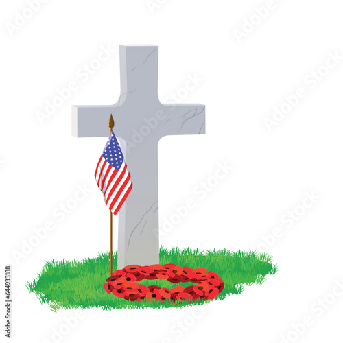 A white marble tombstone in the shape of a cross on green grass, a bouquet of red poppies. On Memorial Day, the grave is decorated with a floral wreath. A memorable date of Great Britain and Canada.