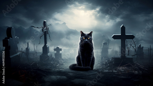 Black cat in the cemetery on Halloween night.