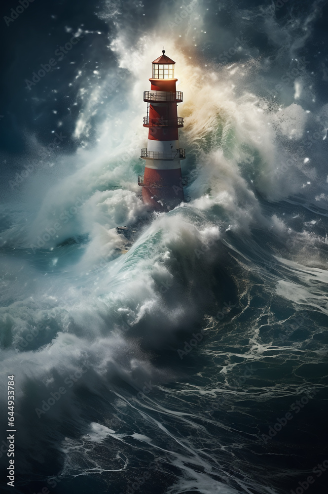 Lighthouse in danger in the middle of a sea storm surrounded by big waves