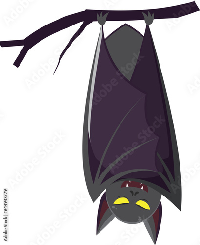 an upside down bat asleep on a tree branch with a scary face