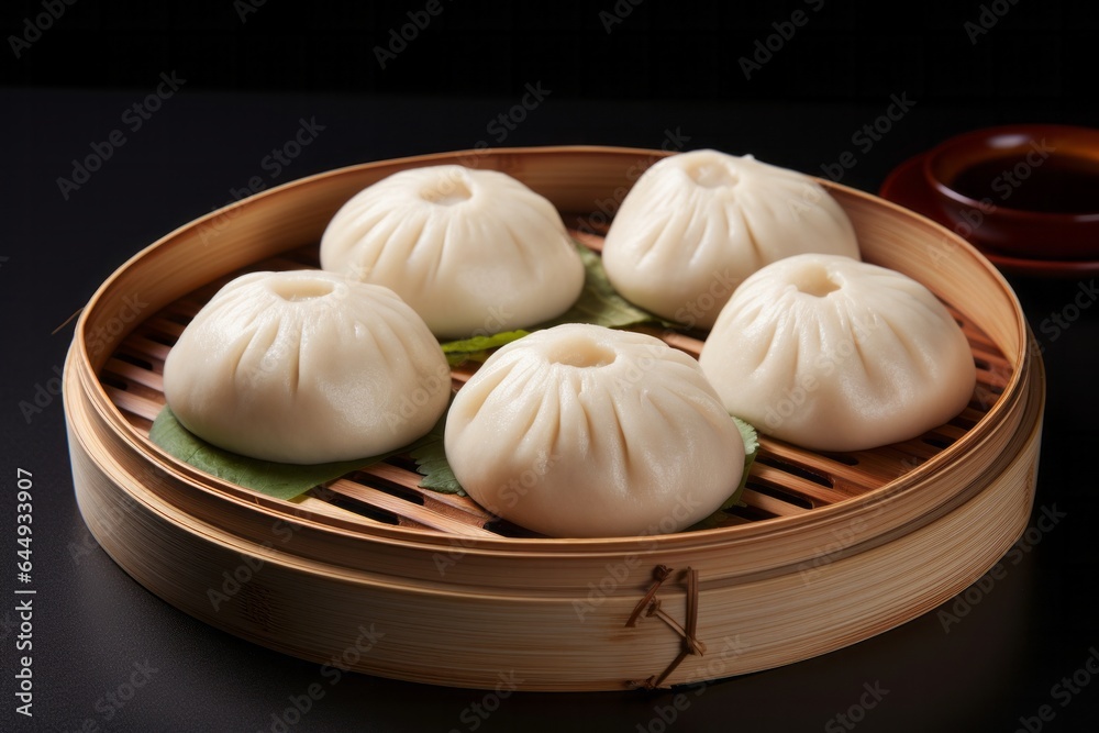 Steamed asian buns in the wooden plate Steamed asian buns in the wooden plate