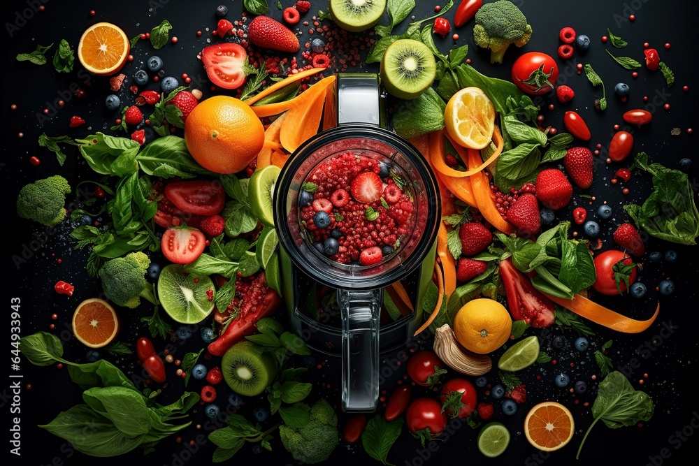 Top view of a blender and fresh fruits and vegetables on a kitchen table