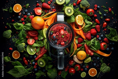 Top view of a blender and fresh fruits and vegetables on a kitchen table photo