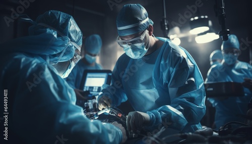 The surgeon and the doctor perform an operation on the organs of a sick person. Professor Doctor of Sciences cardiologist and oncology. Created with AI.