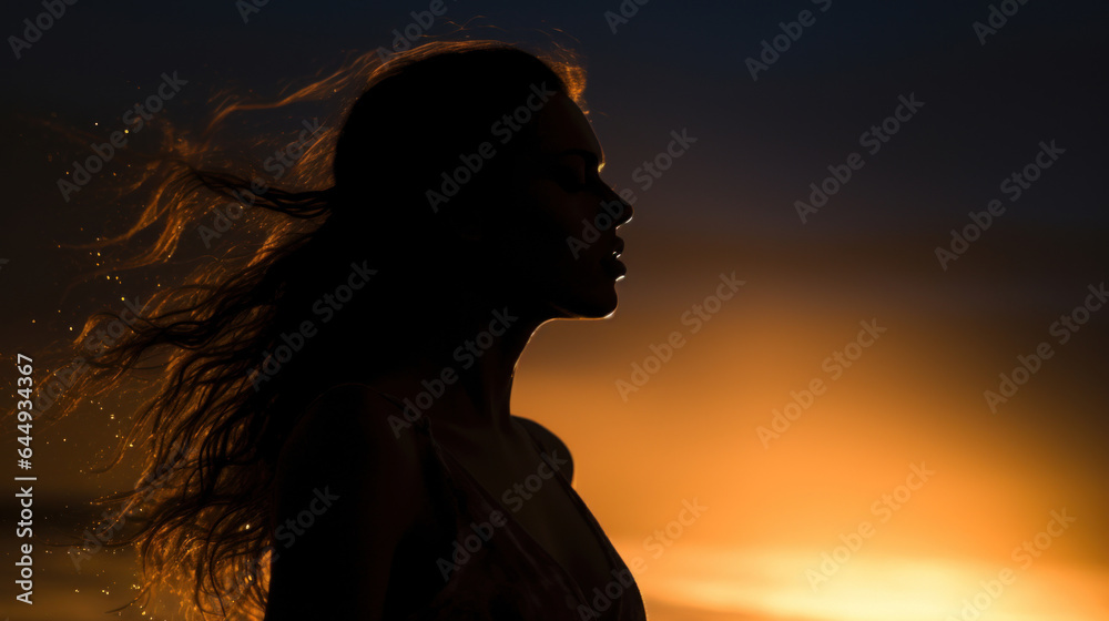 Silhouette of a young beautiful girl against the background of sunset on the beach