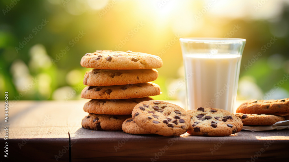 Chocolate chip cookies with milk, blurred bokeh background. Morning summer light Chocolate chip cookies with milk, blurred bokeh background. Morning summer light