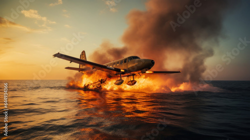 A plane caught fire mid air is diving into the sea