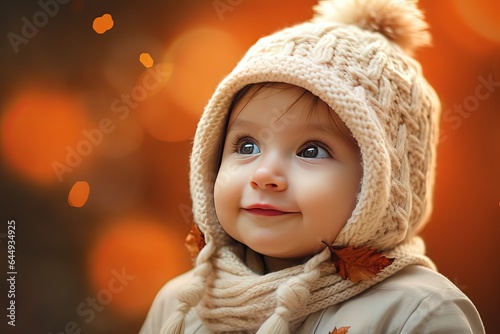 close up portrait of cute kid look around in woder and curious at outdoors autumn woods, Generative Ai