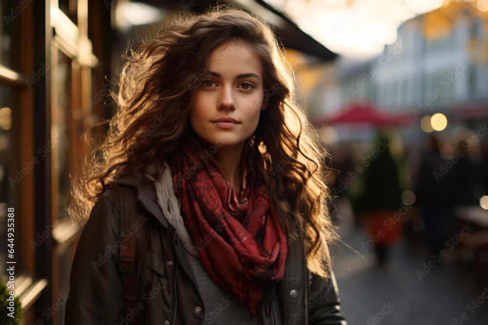 Portrait of a female student outdoors in the city on a sunny autumn day looking at camera