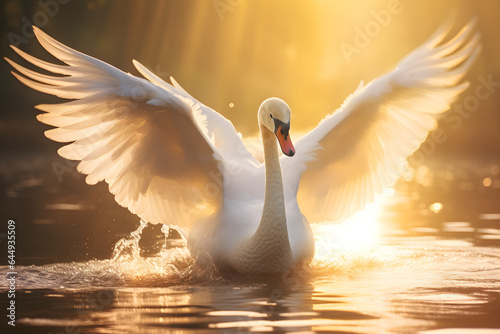 Beautiful swan with spread wings on gentle sunlight photo